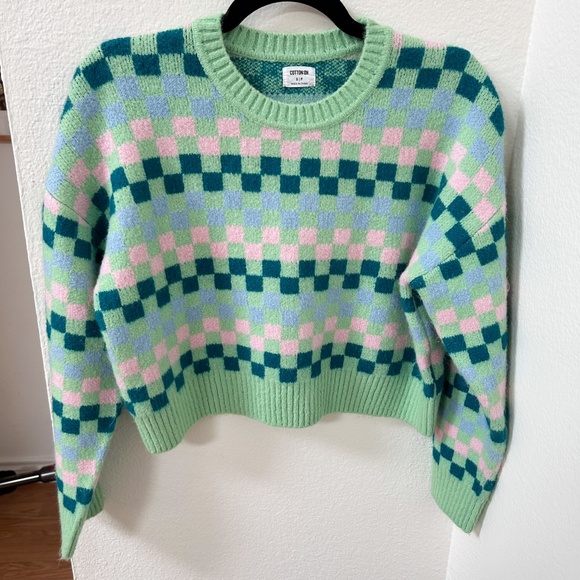 COTTON ON green pink blue checkered boxy cropped sweater - sz S - cozy, crewneck - Picture 10 of 10